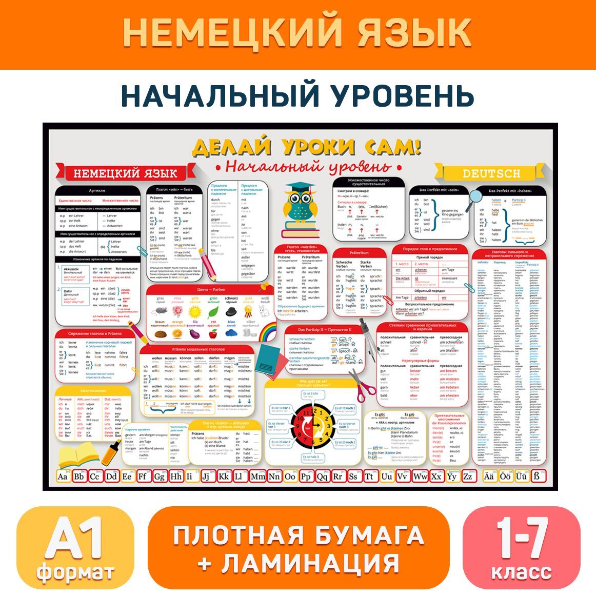 Обучающий плакат немецкий язык начальный уровень (1-7 класс) для начальной  школы, формат А1 с ламинацией ДЕЛАЙ УРОКИ САМ - купить с доставкой по  выгодным ценам в интернет-магазине OZON (598069844)