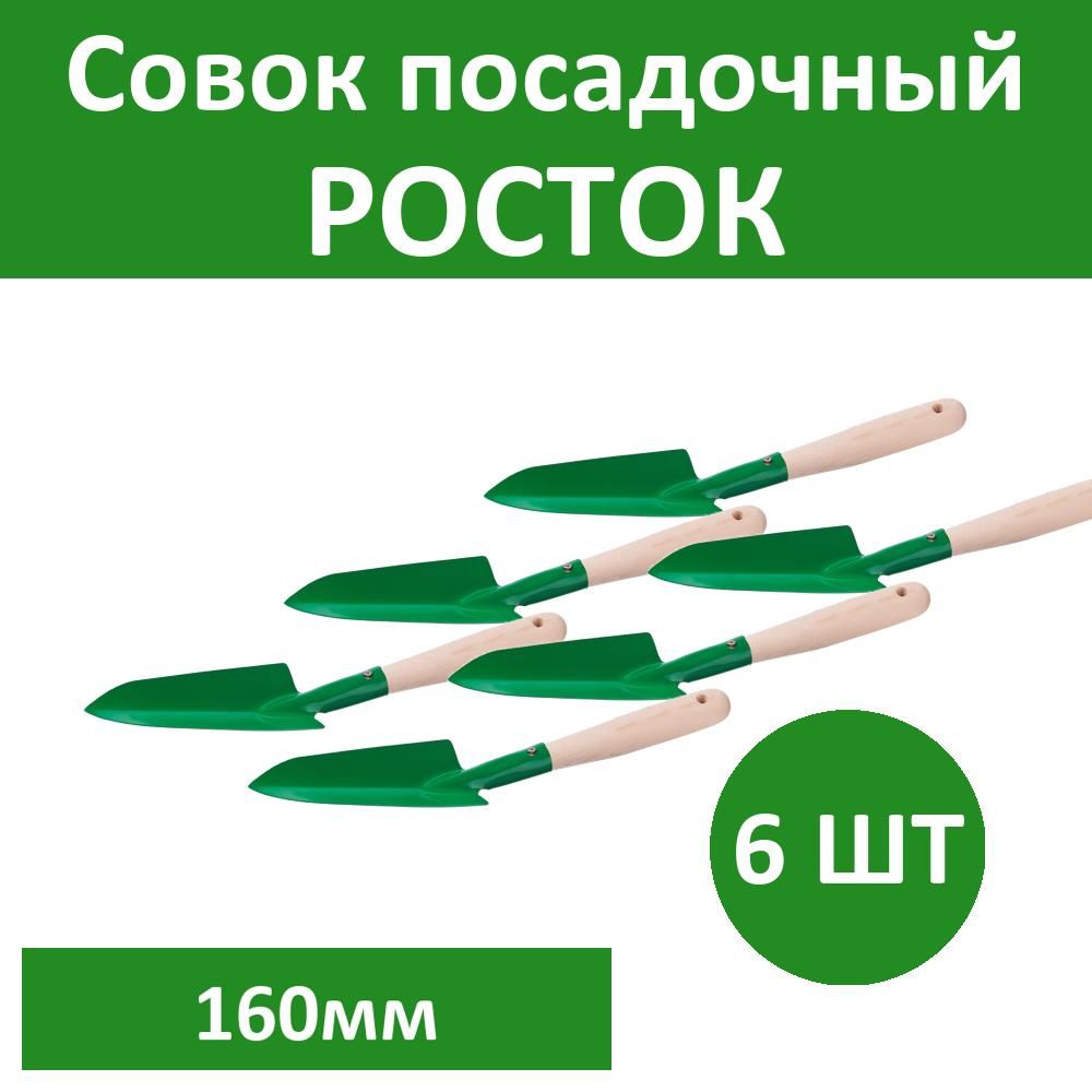 Комплект 6 шт, Совок посадочный РОСТОК с деревянной ручкой,узкий, рабочая часть 160мм, 39605