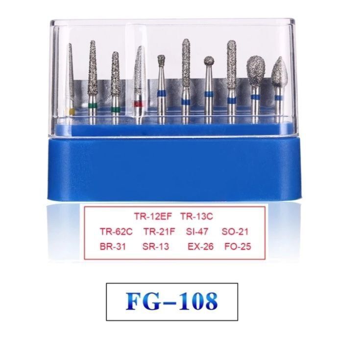 FG-108NeoLifeНаборалмазныхборов10штдляпрепарированиякультиподкоронку.Диаметрхвостовика-1,6мм,центрованы,подходятдлятурбинногостоматологическогонаконечника