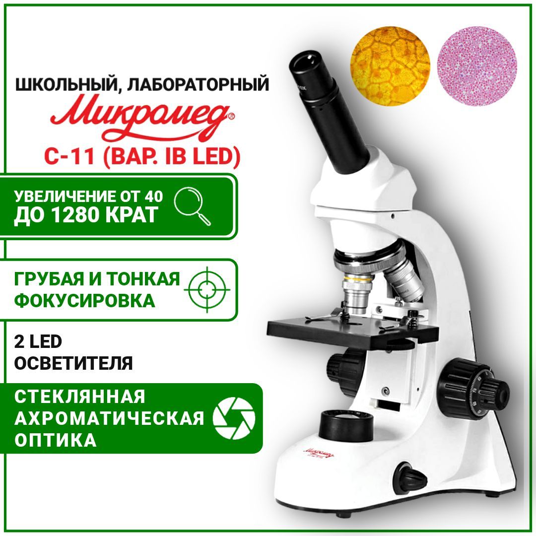 Микроскоп Микромед С-11 вар.1В Led, увеличение 1280х с подсветкой /  биологический / для школьника, Биологический, 1280 крат купить по выгодной  цене в интернет-магазине OZON (414020605)