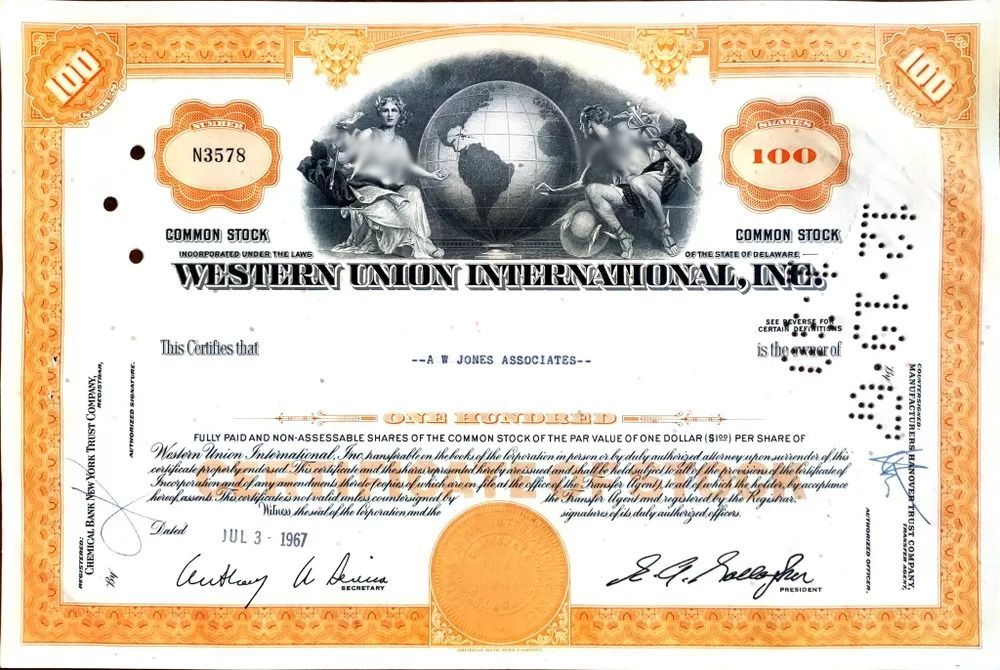 Western Union International, Inc. Сертификат на 100 Акций в 1 доллар каждая. 1967 г.