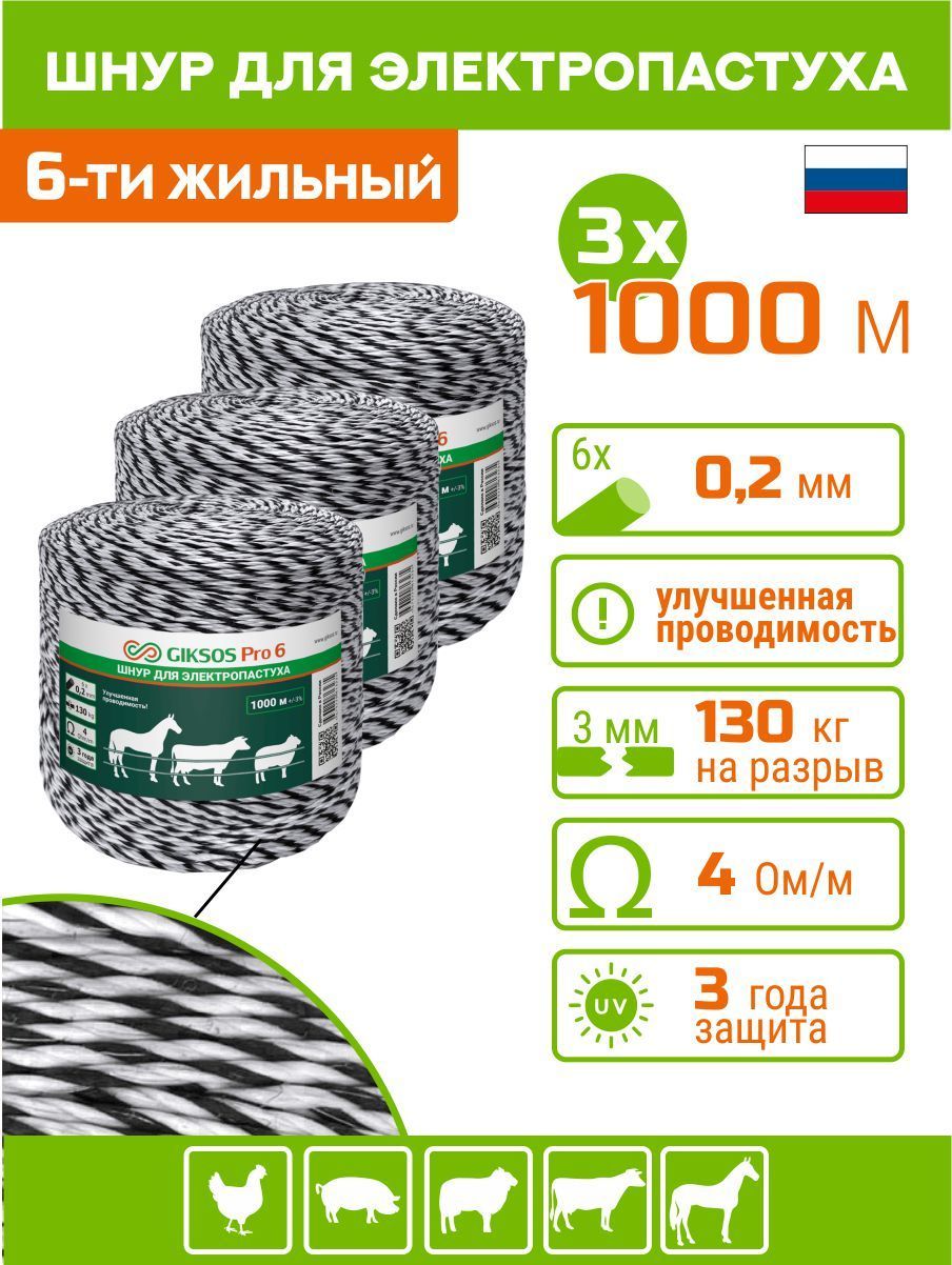 Шнур GIKSOS Pro 6, 3 мм, 3000 м, 6 жил по 0,2мм, (усиленный 130 кгс) 5,5 Ом, для электропастуха (нержавеющая проволока+мультифеламент) черно -белый