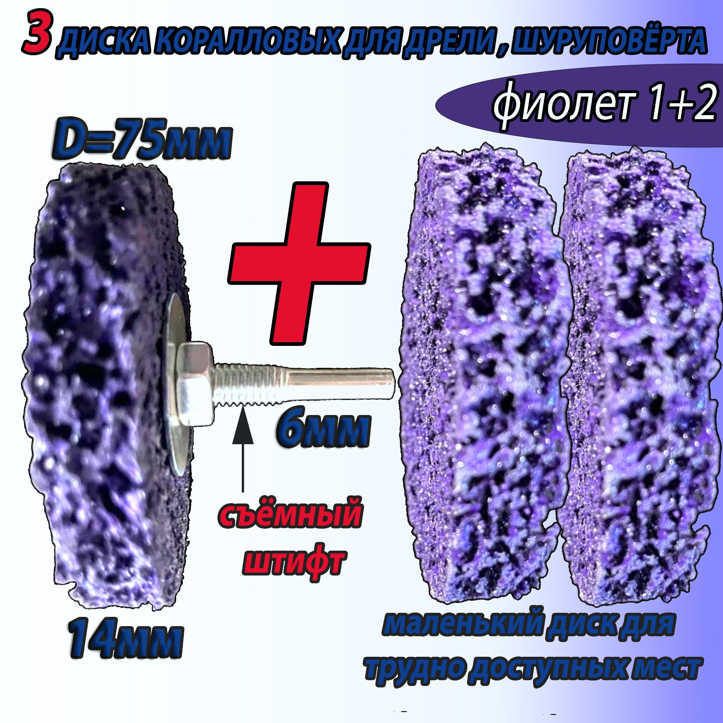 кругшлифовальныйкоралловый75ммфиолетовыйнабор(1+2шт),дискзачистной75ммфиолетовыйнадрельдляудалениястаройкраски,ржавчиныишлифовальныхработ
