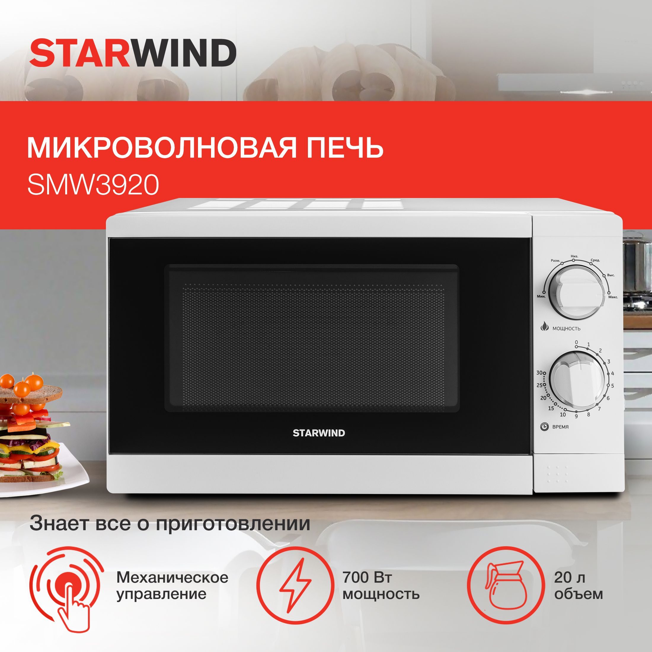 МикроволноваяпечьсвчStarWindмикроволновкаSMW3920,700Вт,20л,белый