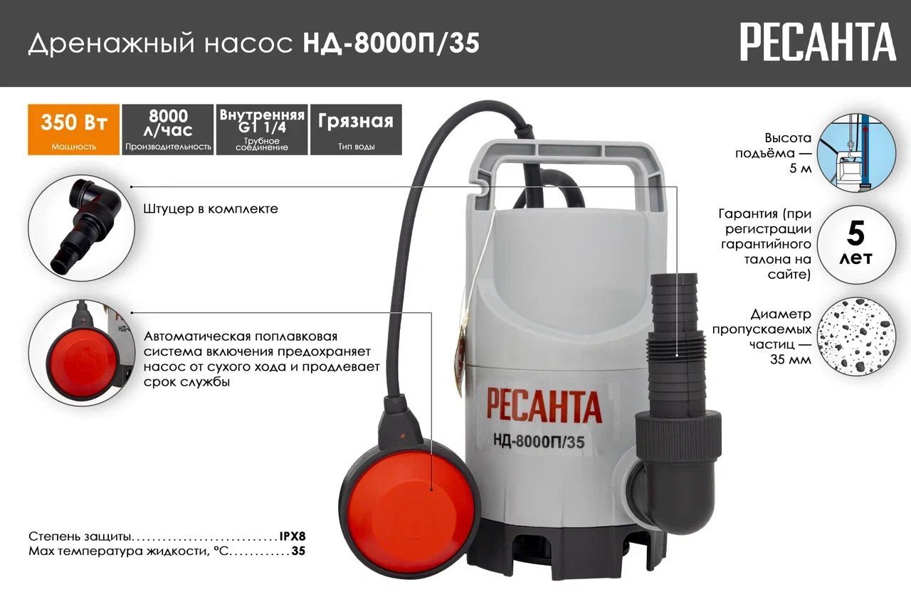 Ресанта нд 8000п 35. Дренажный насос нд-13000п/35 Ресанта, , шт.