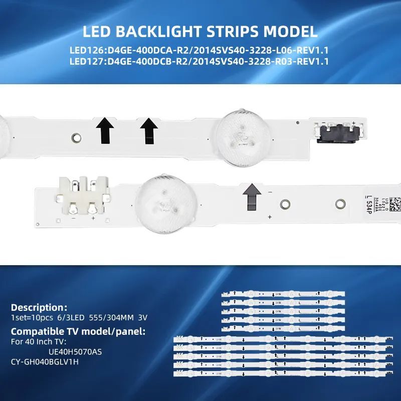ПодсветкадляТВSamsungUE40H,UE40J,2014SVS40,BN96-30449A,BN96-30450A,D4GE-400DCA-R1,D4GE-400DCB-R1(комплект,10шт)