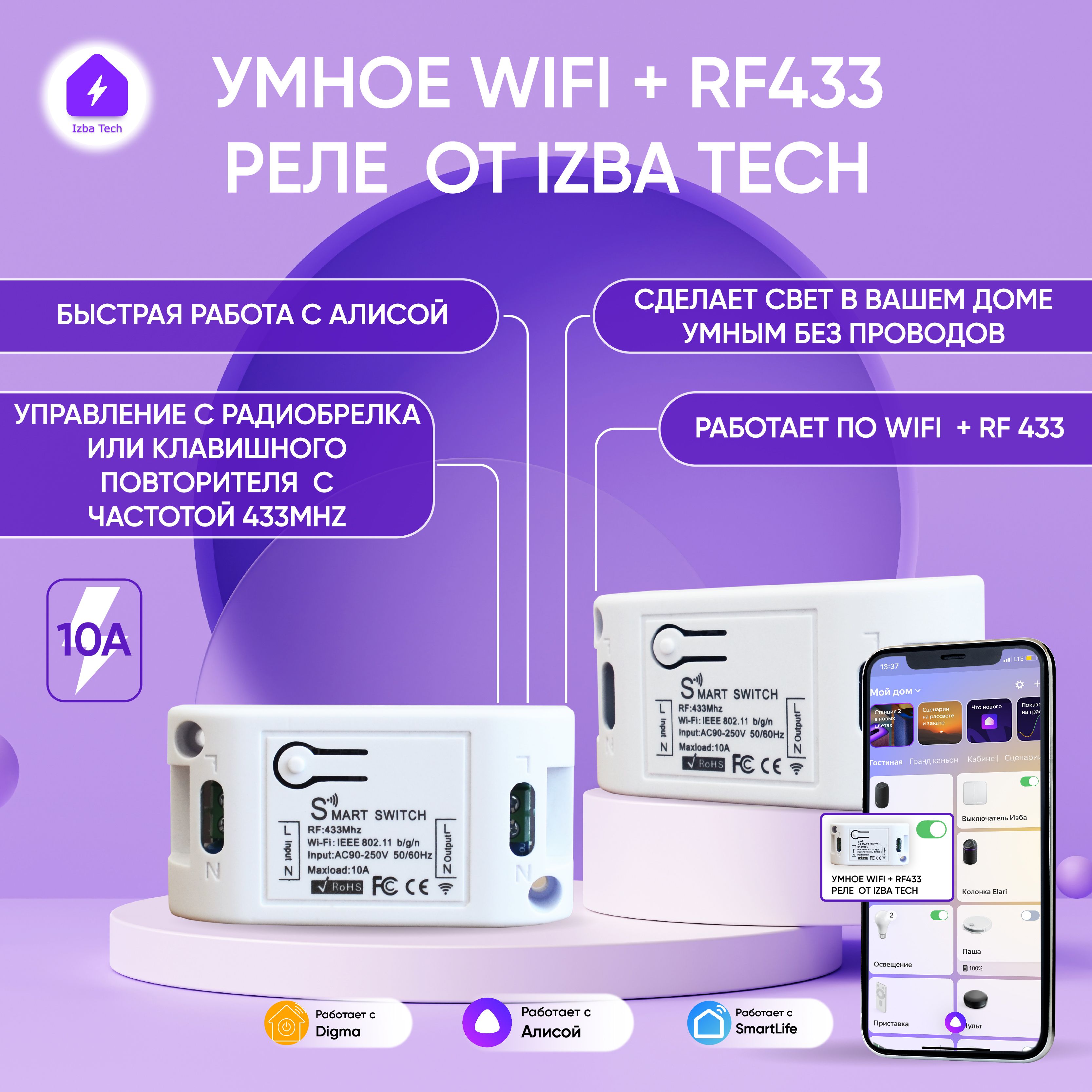 Умное реле WIFI + RF контроллер для Алисы, ставится прямо на люстру можно  подключить повторители и параллельно управлять Алисой - купить с доставкой  по выгодным ценам в интернет-магазине OZON (269964322)