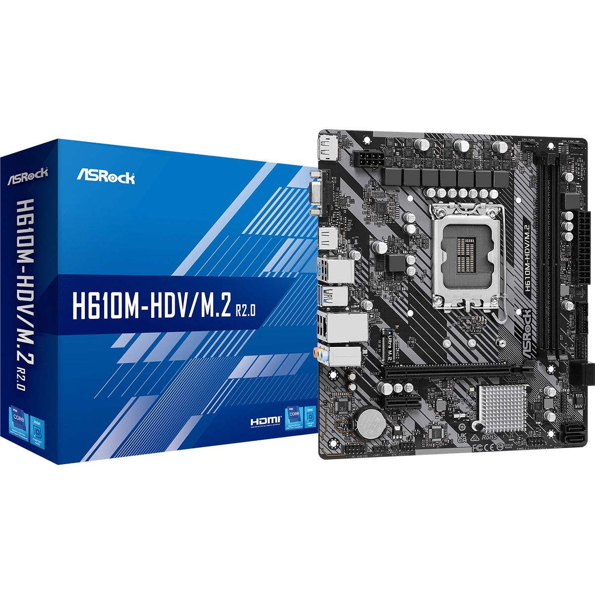 МатеринскаяплатаH610M-HDV/M.2R2.0,LGA1700,Intel,H610,DDR4,DisplayPort,HDMI,VGA,Micro-ATX