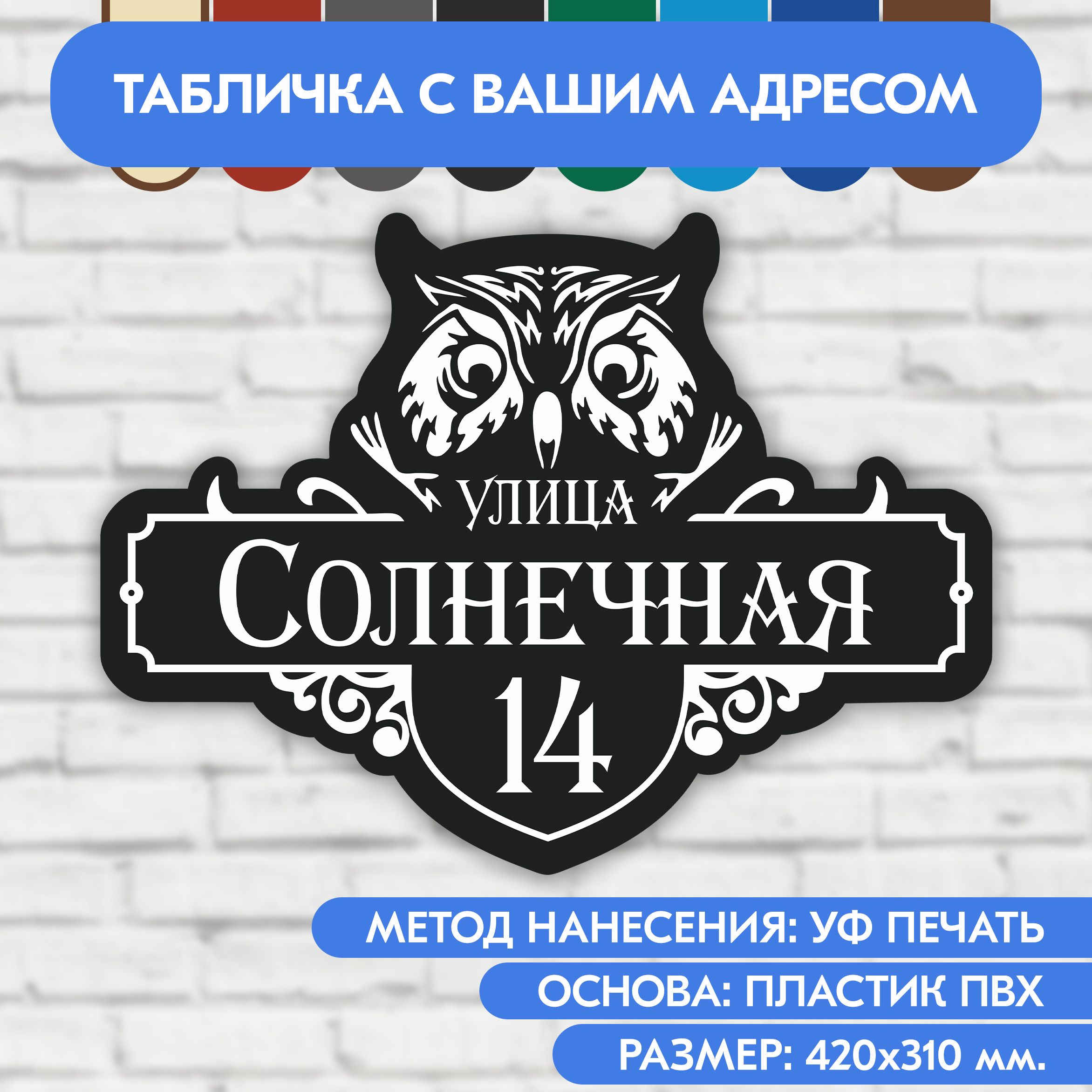 Адресная табличка на дом 420х310 мм. "Домовой знак Сова", чёрная, из пластика, УФ печать не выгорает