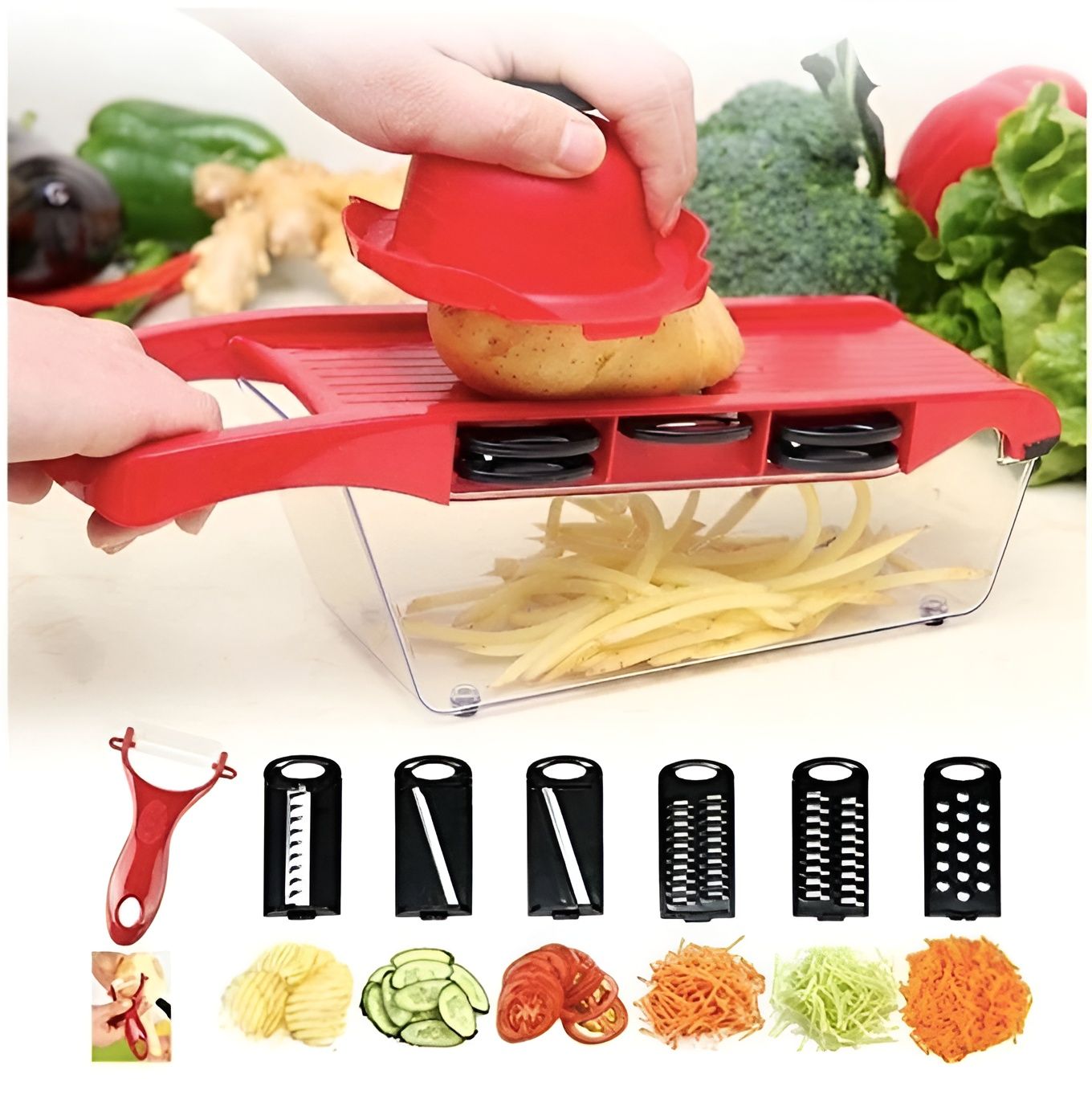 Овощерезка ручная со сменными насадками с контейнером. Mandoline Slicer 6 in 1 c контейнером. Овощерезка Mandoline Slicer 6 in 1. Терка-овощерезка Mandoline Slicer 6 in 1 c контейнером. Терка для овощей и фруктов Multifunctional wire Cutter.