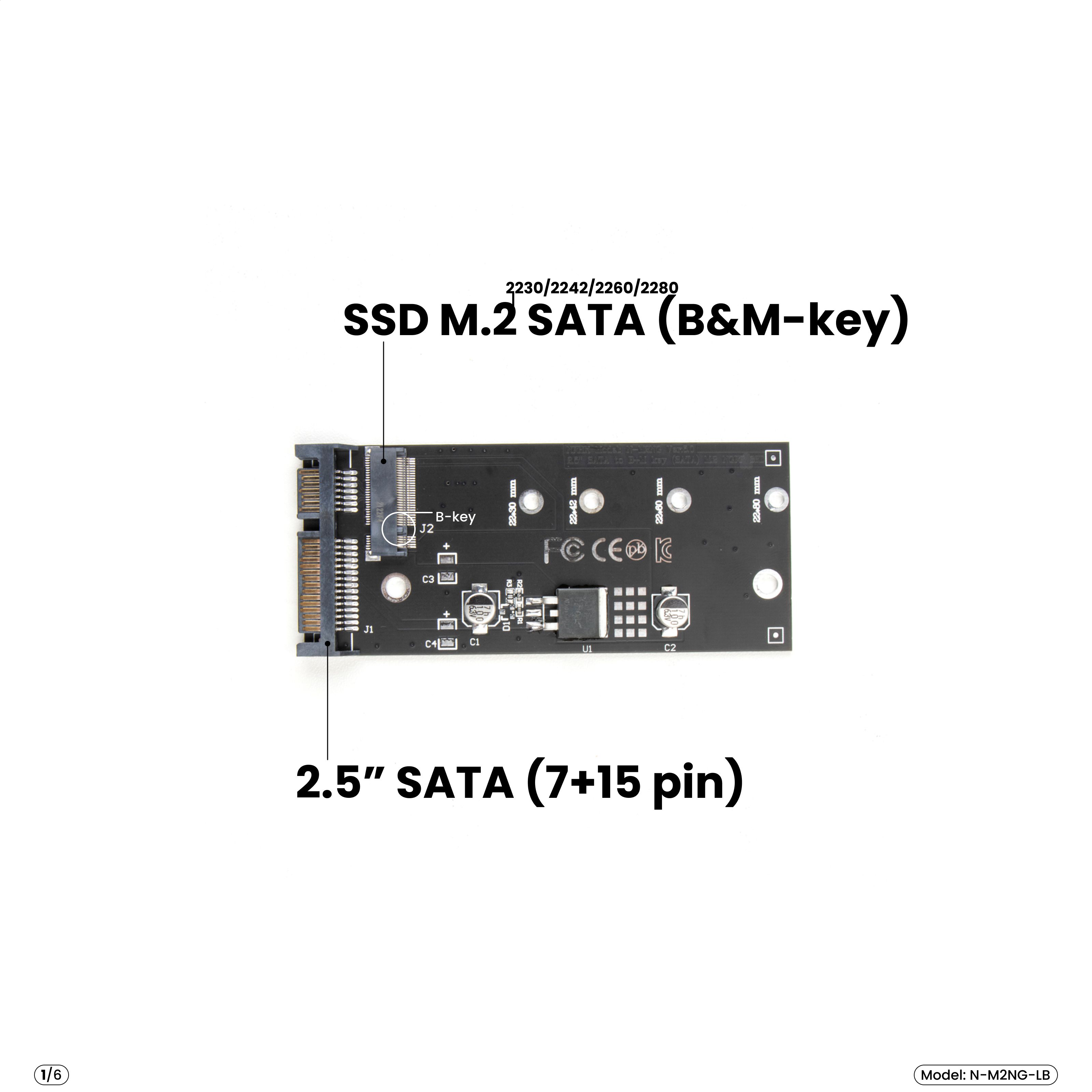 Адаптер-переходник SSD M.2 SATA (B&M-key) > 2.5" SATA, черный, N-M2NG-LB