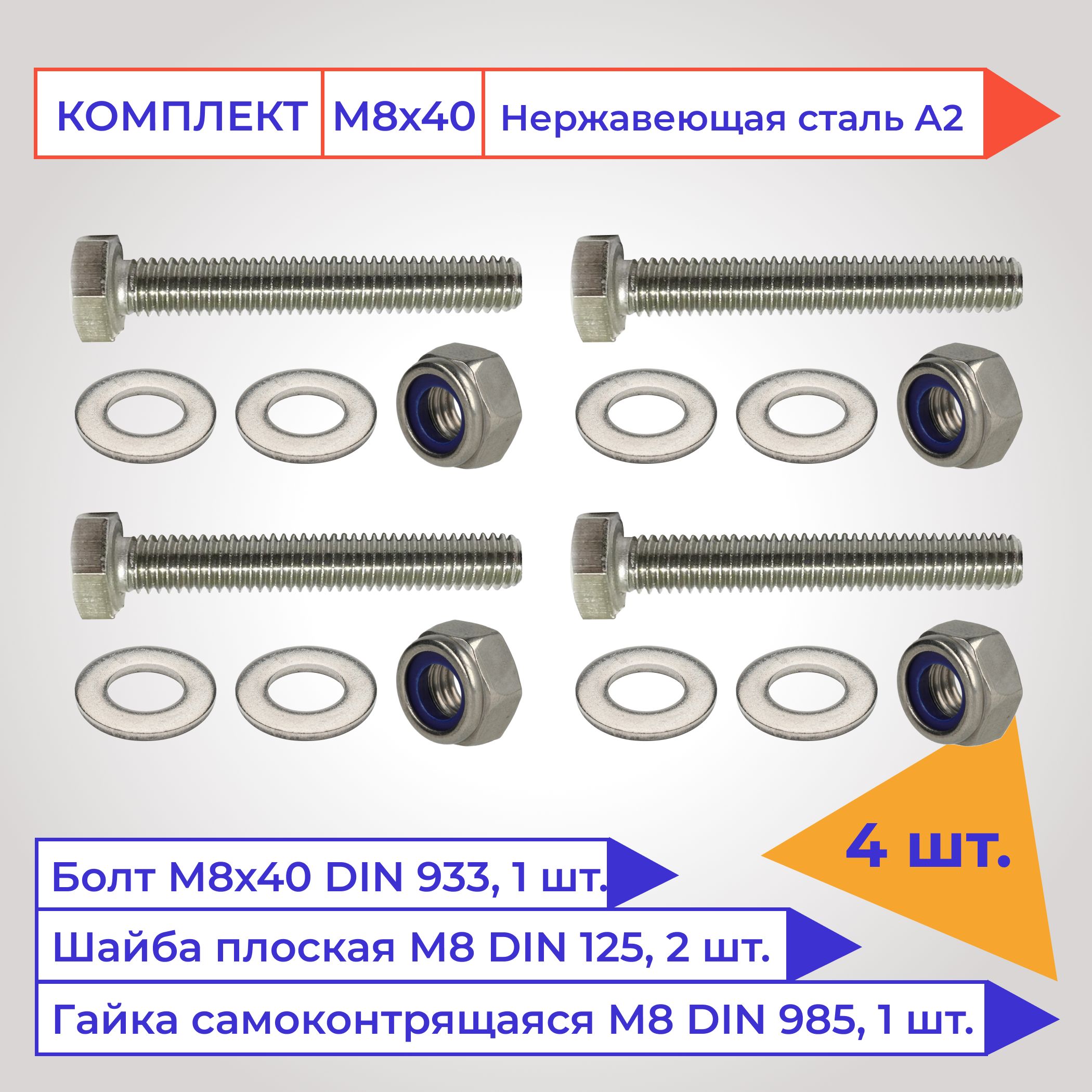 БолтМ8х40ммсшестиграннойголовкойвнаборесгайкойсамоконтр.ишайбой,нержавейкаА2,4шт.