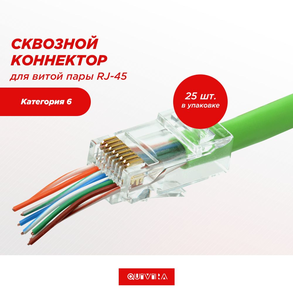 RJ45 коннектор cквозной для витой пары категория 6(cat.) сквозное отверстие  25 шт/упак - купить с доставкой по выгодным ценам в интернет-магазине OZON  (1401999657)