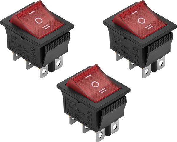 Выключатель клавишный красный с подсветкой 6 контактов, 250В, 15А, ВКЛ ...