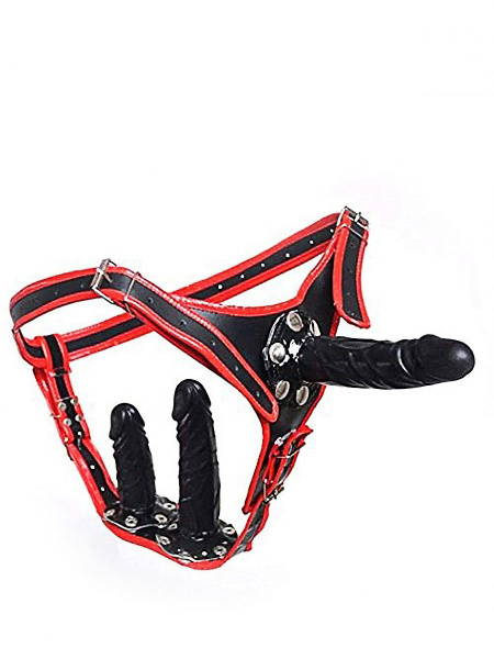 Страпон тройной на клепках, красно-черный - купить с доставкой по ...