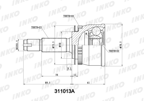 Шрус наружный 25/22 ABS 44 передний правый, левый Kia: Cerato, Spectra ...