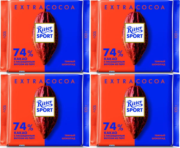 Шоколад Ritter Sport Extra Cocoa темный из Перу, комплект: 4 упаковки ...