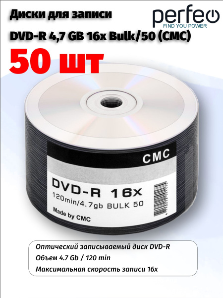 Диски для записи DVD-R 4,7 GB 16x Bulk/50 (CMC) - купить с доставкой по ...