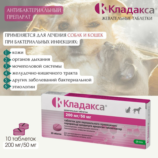 Кладакса жевательные таблетки для собак и кошек 200 мг/50 мг, 10 ...