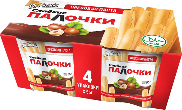 Сладкие палочки 55г х 4шт. Набор хлебных палочек и ореховой пасты с ...