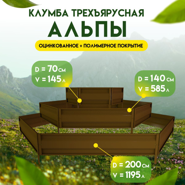 Клумба садовая трехъярусная оцинкованная для цветов коричневая Альпы ...