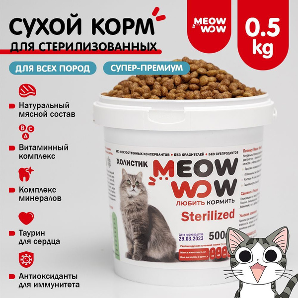 Корм для кошек сухой полнорационный Meow wow (Мяу вау) с индейкой и ...