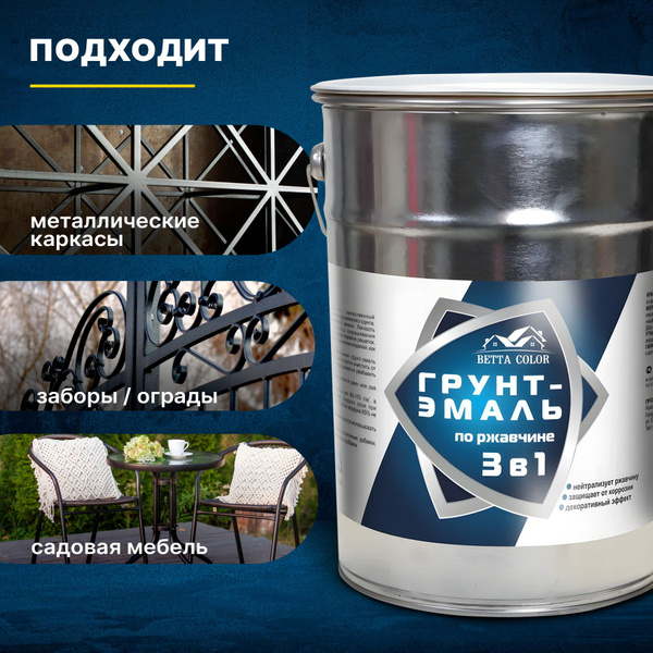 Характеристики Грунт-эмаль по ржавчине 3 в 1 серая Betta Color 10 кг ...