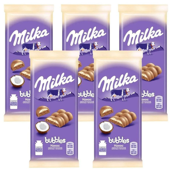 MILKA BUBBLES Молочный шоколад, Пористый, с Кокосом, 92 гр - 5 шт ...
