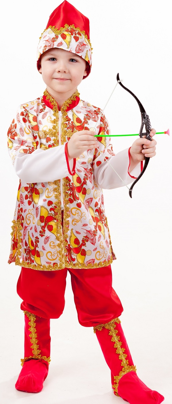 фото Карнавальный костюм Иван-Царевич кафтан, брюки с сапогами, головной убор, лук и стрелы 134-34 Пуговка