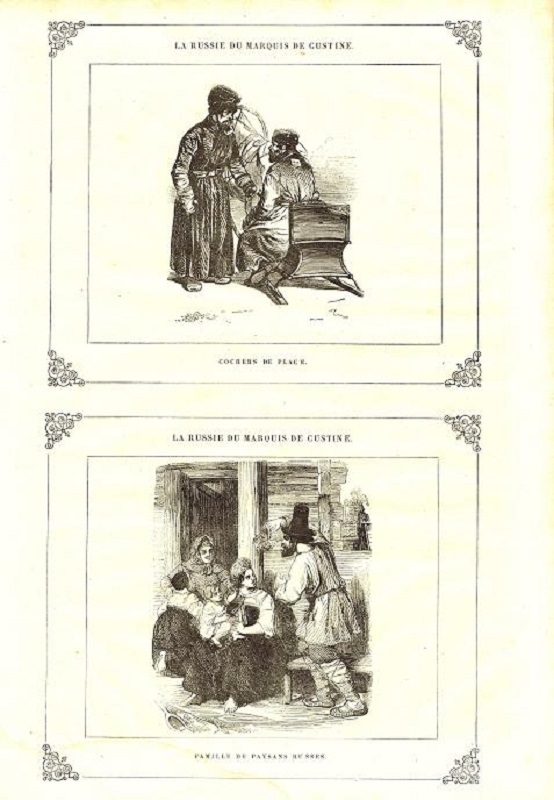 Русские извозчики (кучера). Русская крестьянская семья. Антикварная гравюра (ксилография). Франция, 1855 год