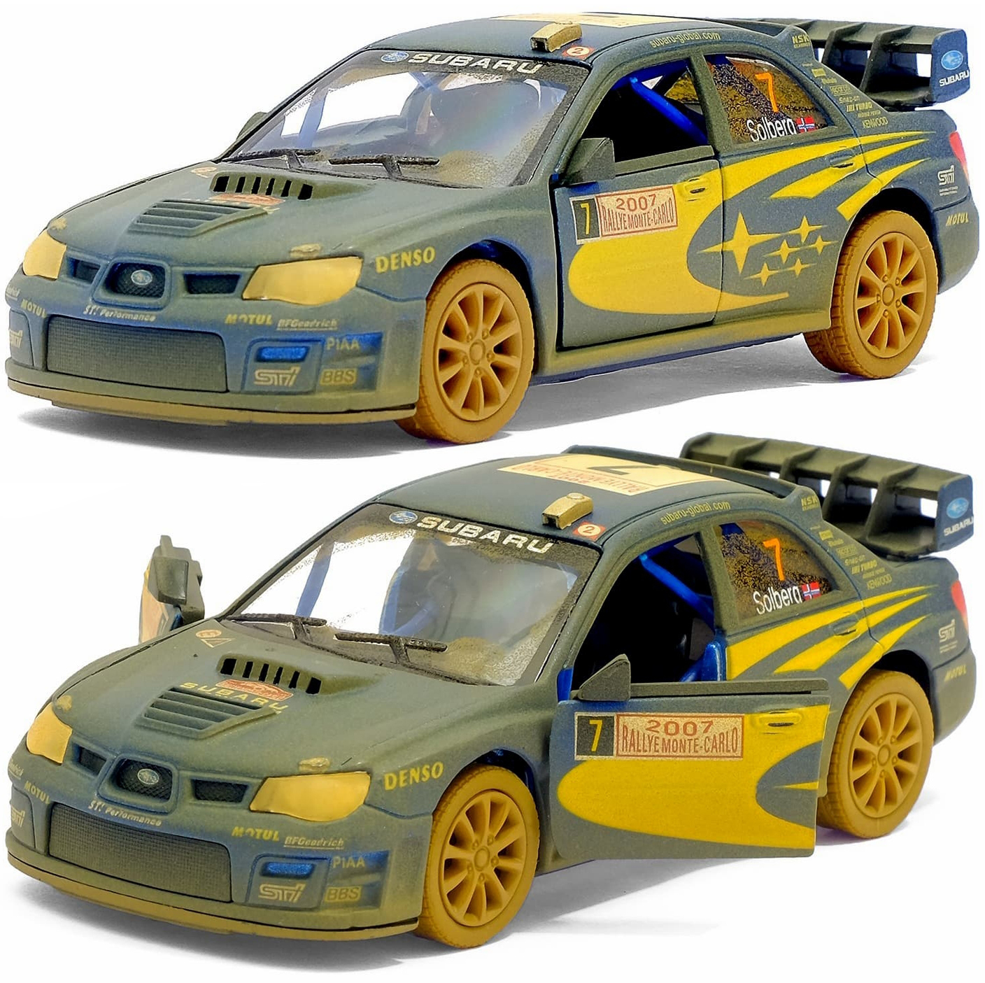 Машинка металлическая Kinsmart 1:36 Раллийная Subaru Impreza WRC 2007  5328DYKT инерционная, двери открываются / Cине-желтый с эффектом грязи