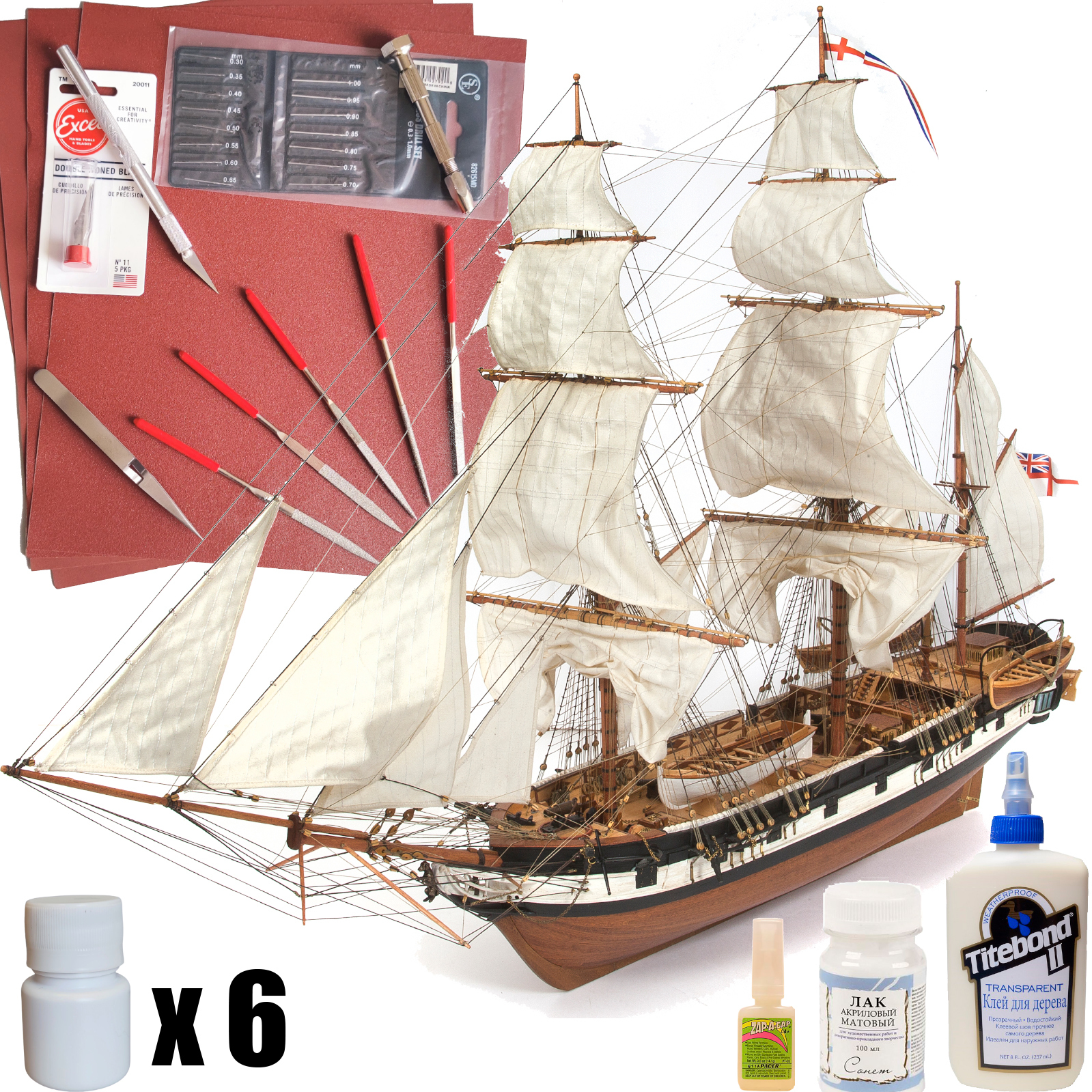 Барк HMS Beagle, Британия 1820 год, 720х480х230 мм, М.1:60, подарочный набор, сборная модель парусного корабля из дерева плюс инструменты и краски, лак и клеи, OcCre (Испания)