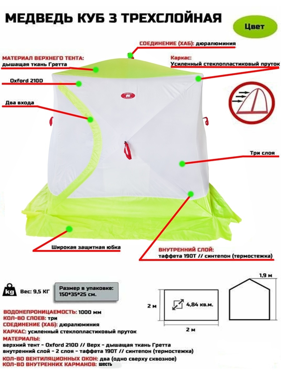 Палатка зимняя медведь куб 3 трехслойная
