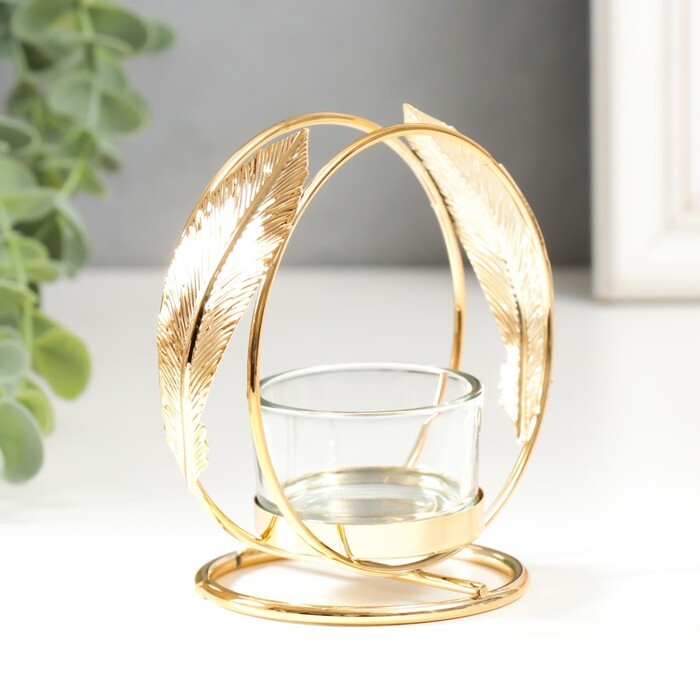 Подсвечник для декора / стекло металл / "Пёрышки" d-4 см золото 7,5*10*11 см