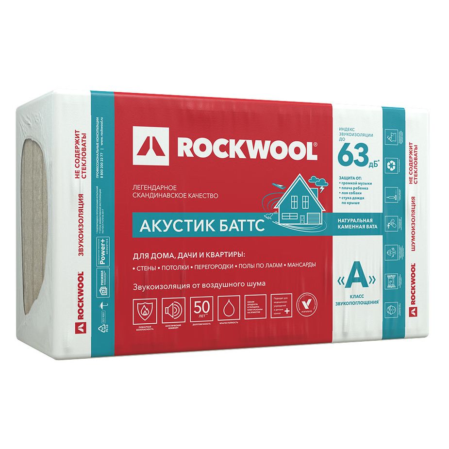 Шумоизоляция ROCKWOOL АКУСТИК БАТТС 100х600х1000 ММ 3 кв.м