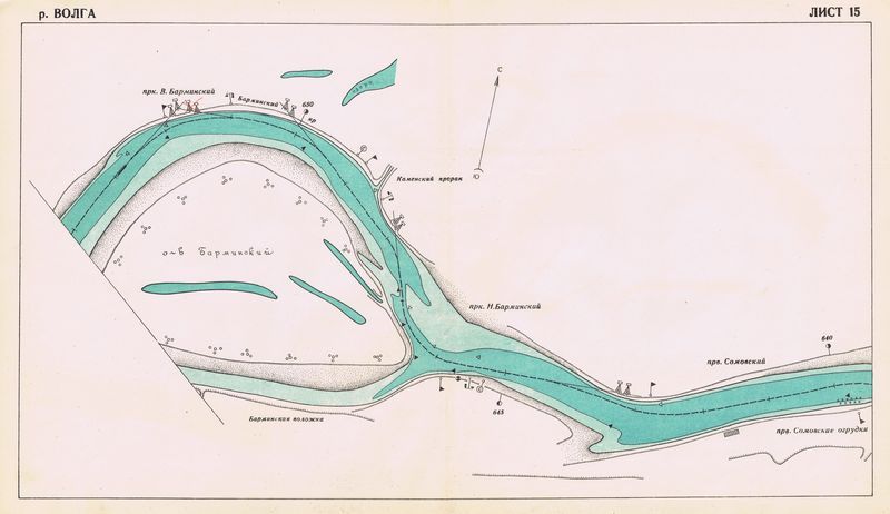 Антикварная лоцманская карта. Волга в районе острова Барминский Горьковской (Нижегородской) области. Смешанная техника. СССР, 1956 год