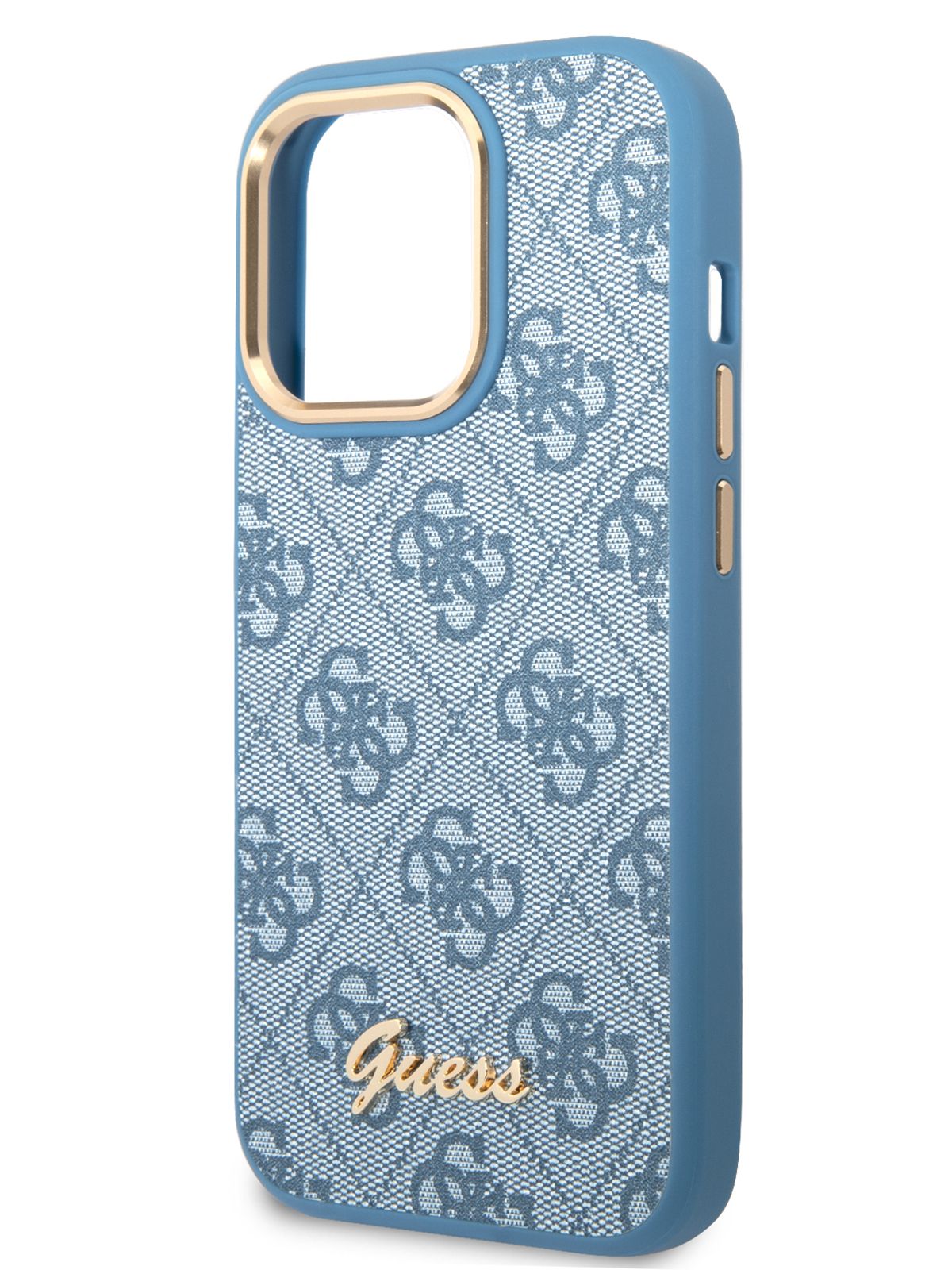 Чехол Guess PU leather на iPhone 14 Pro / для Айфон 14 Про, с защитой  камеры, со вставкой из экокожи, с металлическим логотипом, с принтом 4G,  синий - купить с доставкой по