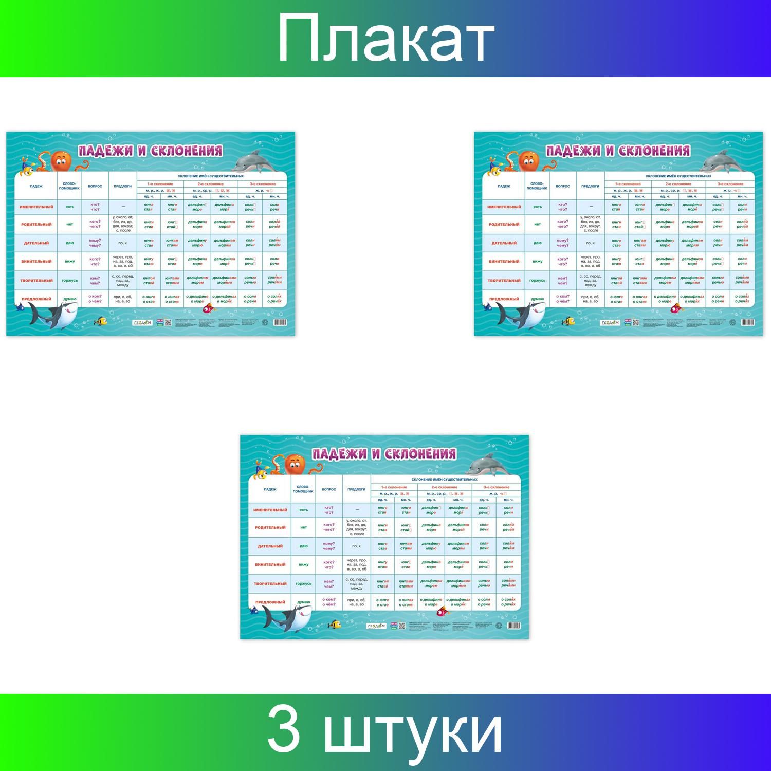 Геодом, Плакат дидактический, Падежи и склонения, 450х640 мм, 3 штуки -  купить с доставкой по выгодным ценам в интернет-магазине OZON (844723493)