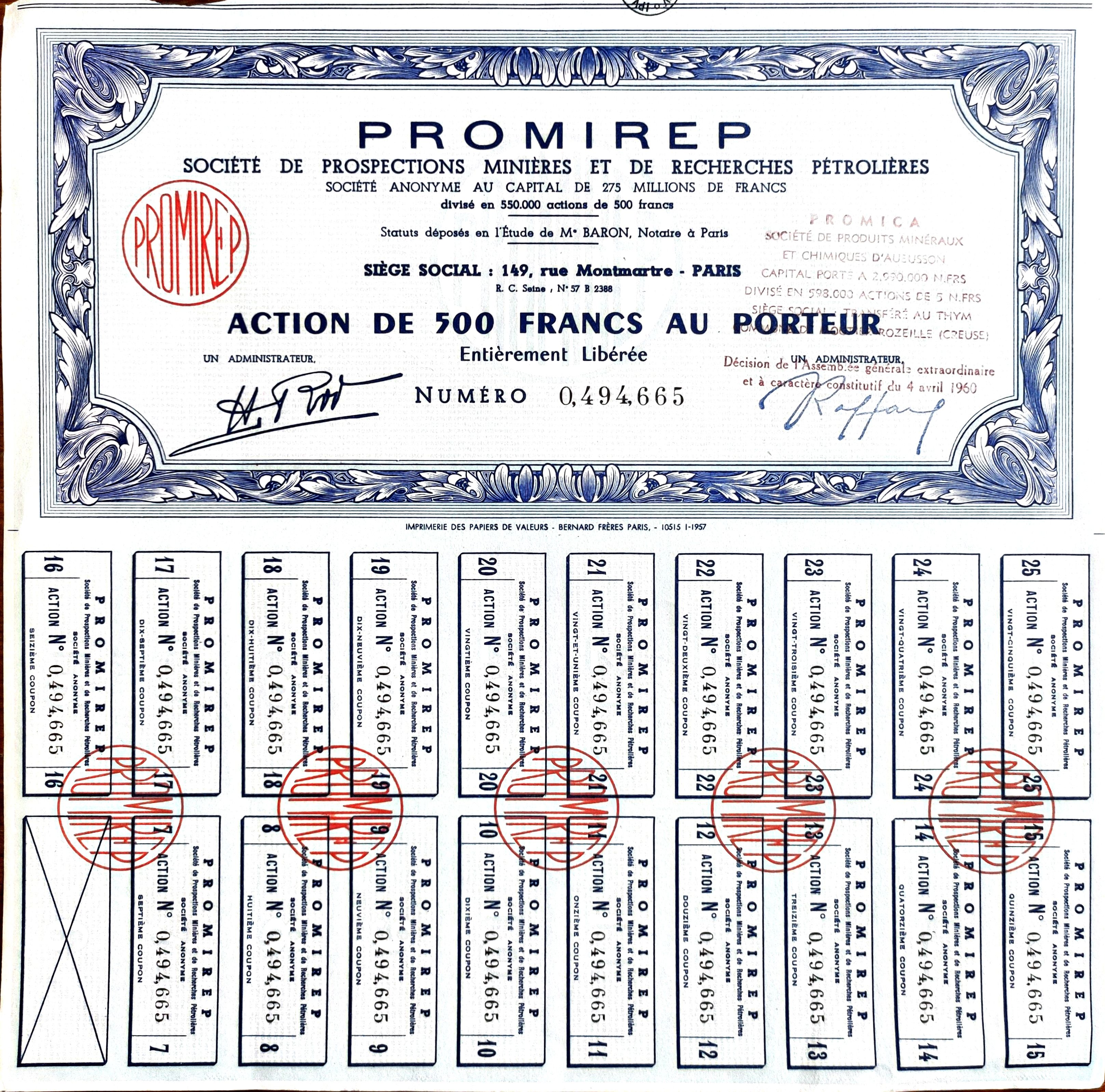 Нефтяная и горнодобывающая компания "PROMIREP". Акция в 500 франков. 1957 г.