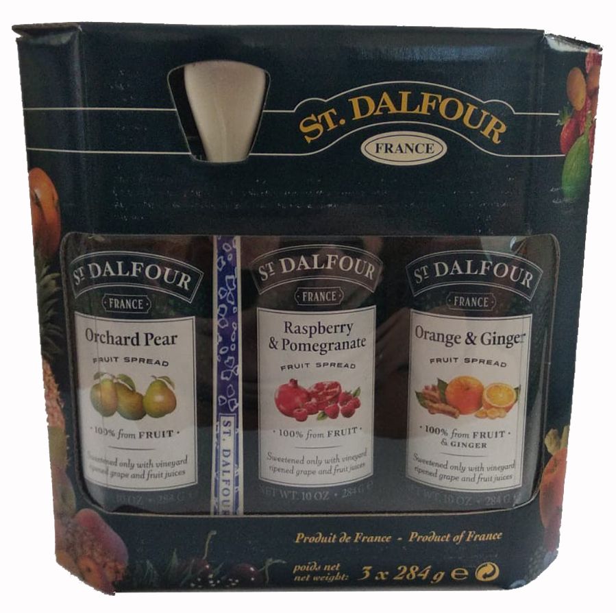 Подарочный набор джемов St.Dalfour с фарфоровой ложкой St.Dalfour (апельсин имбирь, малина гранат, отборная груша) 100% ягод и фруктов БЕЗ САХАРА 284 г х3шт