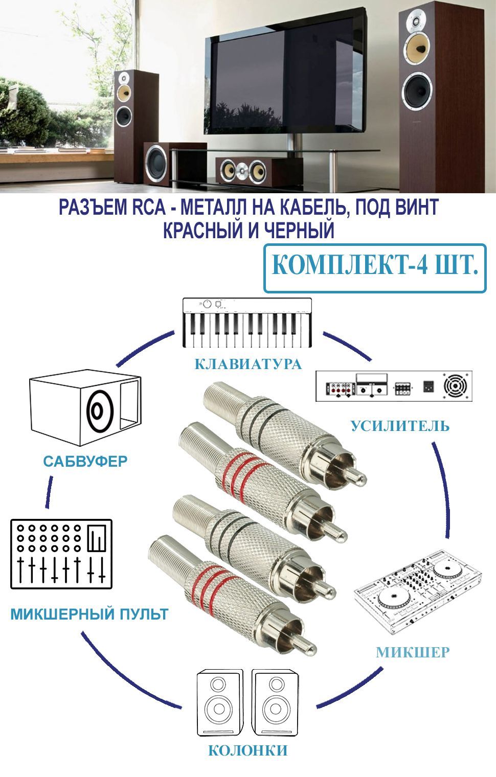 Разъем RCA металл на кабель (под винт) красный и черный (комплект 4 шт)