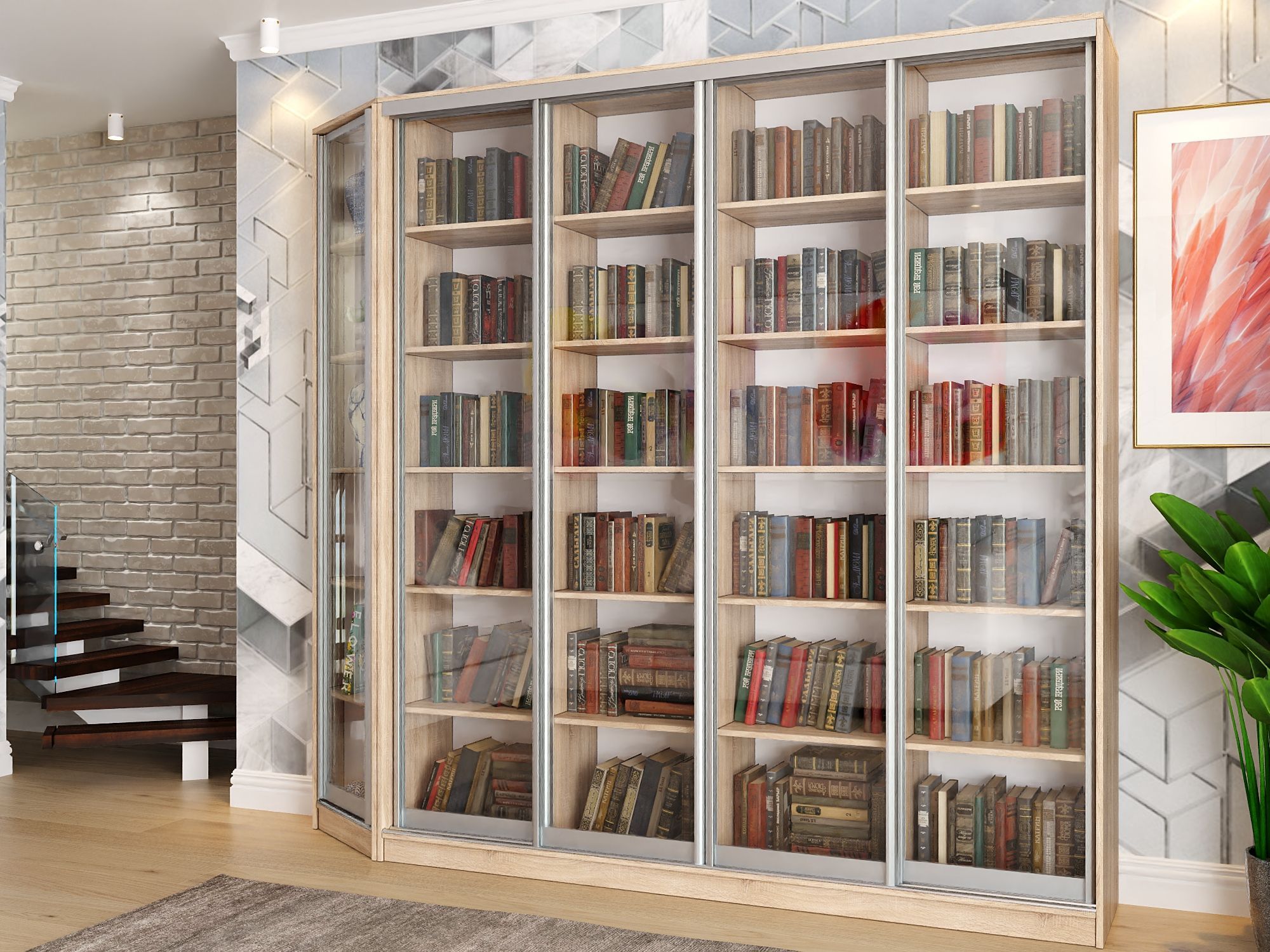 белые книжные шкафы со стеклом в интерьере гостиной