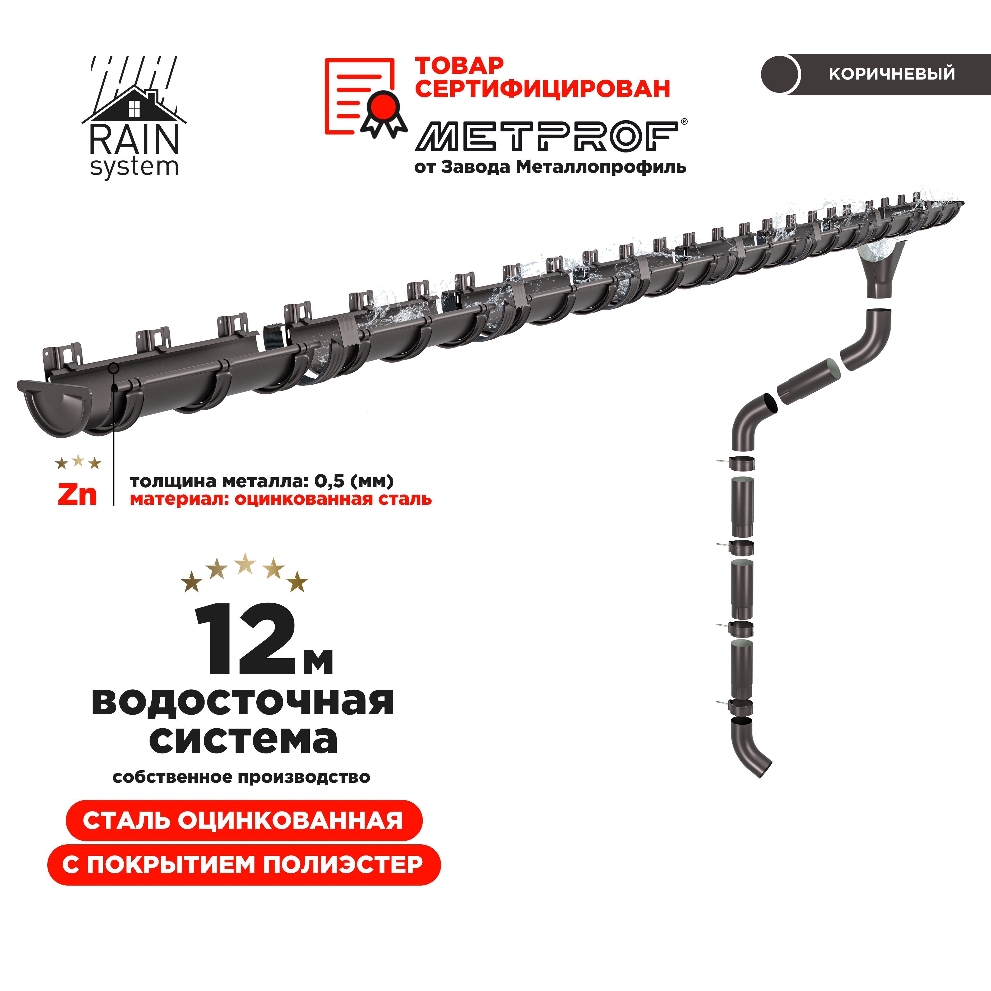 Водосточная система RAIN SYSTEM/ Комплект на 12 метров, цвет 8019/ RR 32