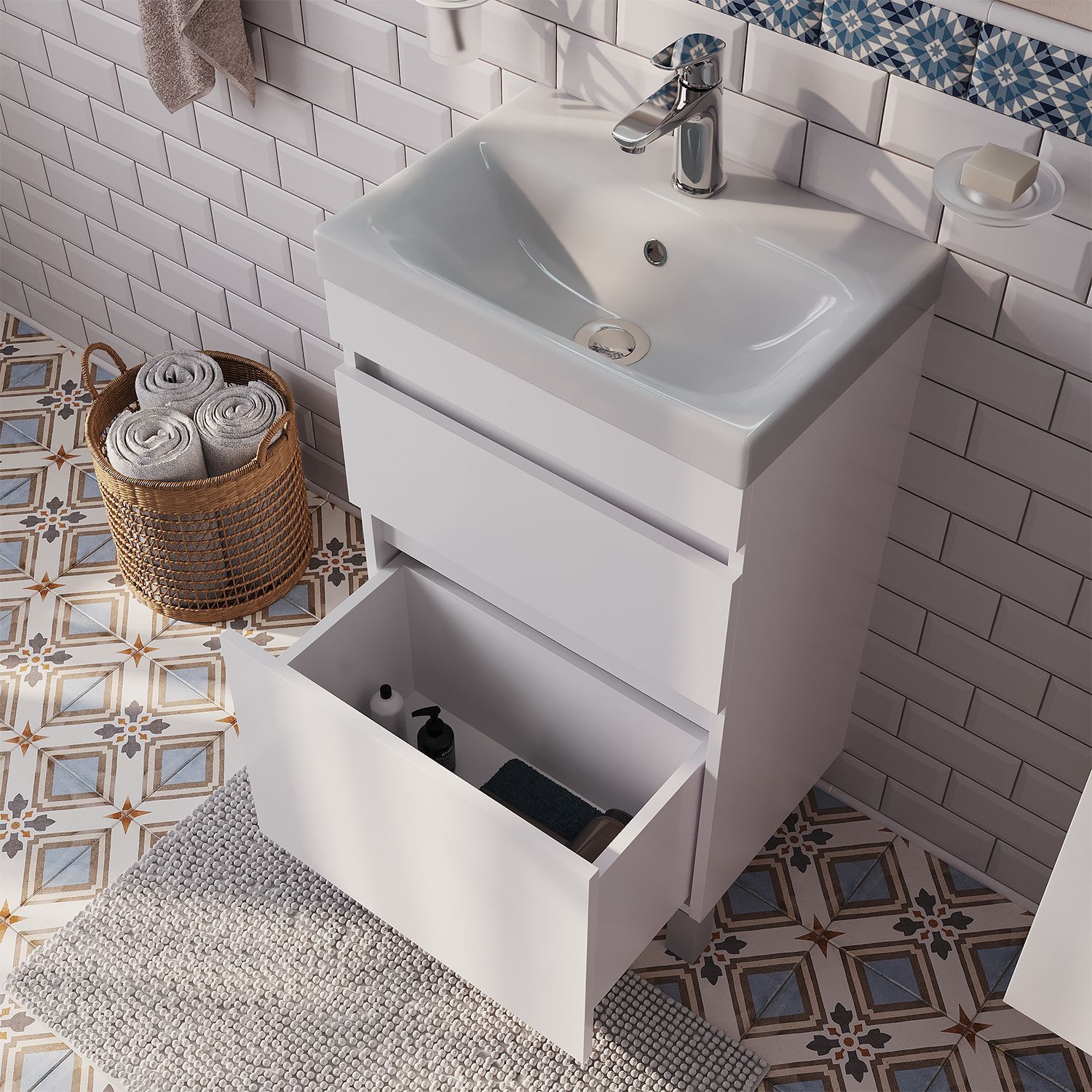 Фото товара на маркетплейсе ozon Тумба для ванной с раковиной, напольная, с ящиками, 50 см, белая, IDDIS, Zodiac, ZOD5CBFi95K