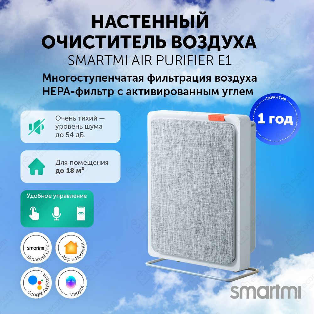 ОчистительвоздухаSmartmiAirPurifierE1длядомаотпылиизапахов,напольныйинастенный,сфильтром,закрытый,портативныйдляпомещений