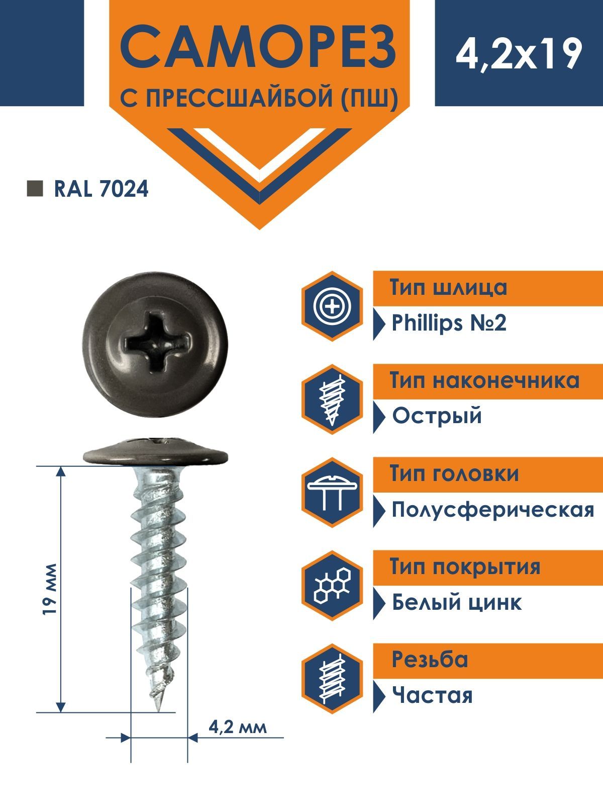 Саморез Rizzel ПШ 4,2х19 с прессшайбой острый RAL 7024 (1000 шт)