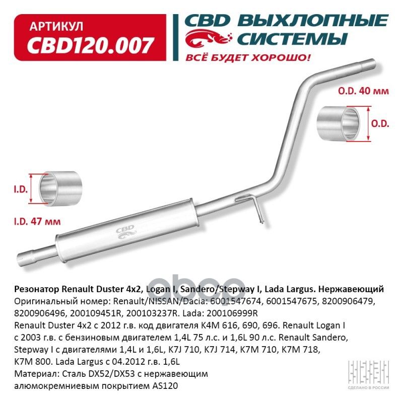 РезонаторRenaultDuster4x2,LoganI,Sandero/StepwayI,LadaLargusНержавеющийCbd120.007CBDарт.CBD120.007