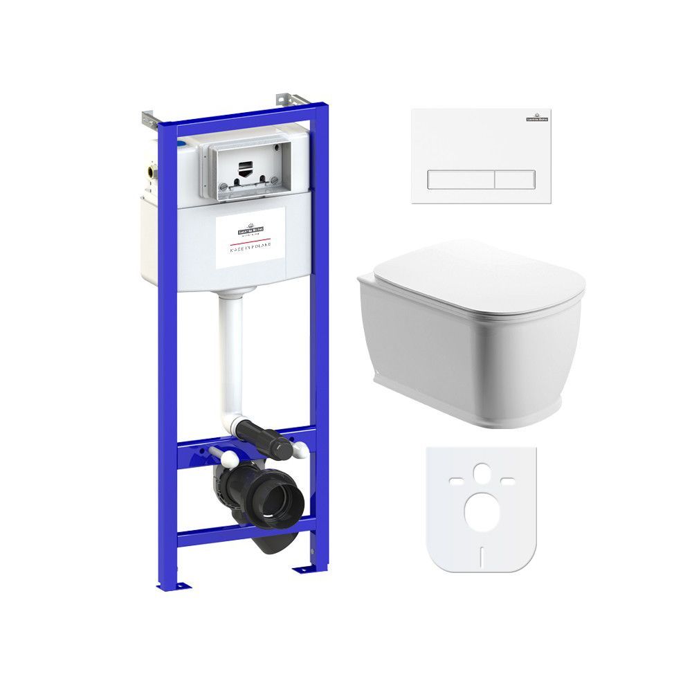 Инсталляция с подвесным унитазом комплект 6 в 1 Lavinia Boho Bell Pro Rimless 77040037: подвесной безободковый унитаз, сиденье микролифт, инсталляция, крепление, кнопка, шумоизоляция. Германия