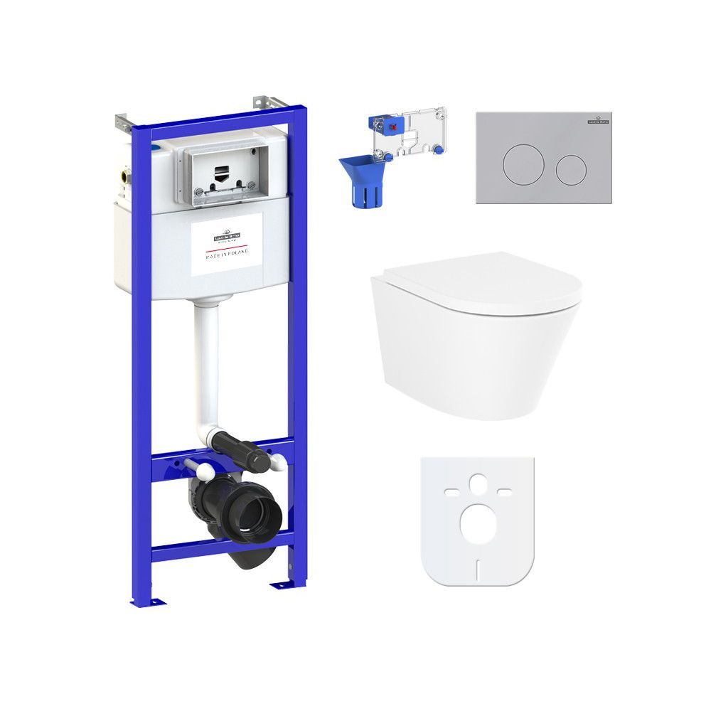 Инсталляция с подвесным унитазом комплект 7 в 1 Lavinia Boho Biore Rimless 87040103: подвесной безободковый унитаз, сиденье микролифт, инсталляция, крепление, кнопка, шумоизоляция, диспенсер