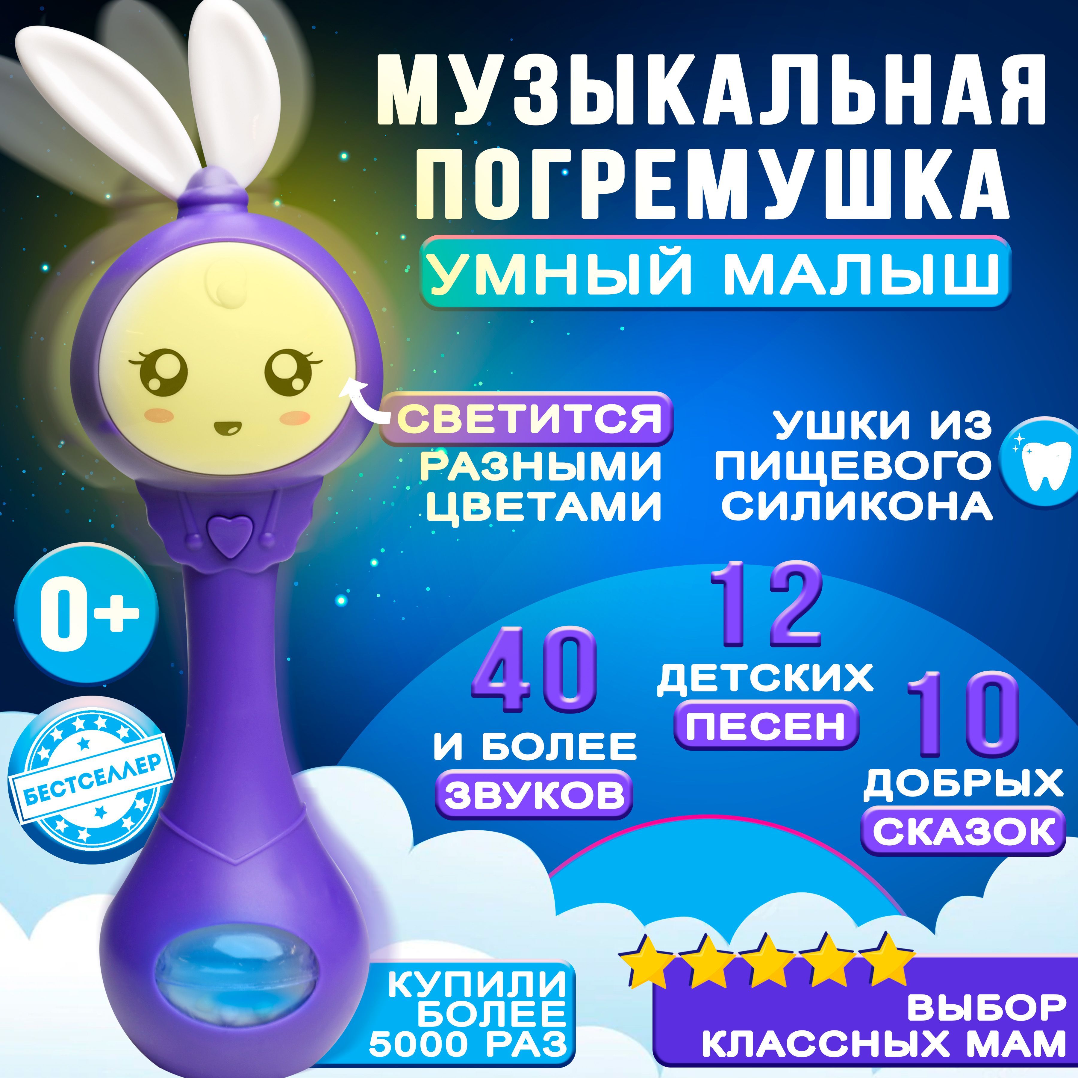 Музыкальная интерактивная игрушка Умный Малыш, цвет фиолетовый /  Силиконовый грызунок-прорезыватель для зубов - купить с доставкой по  выгодным ценам в интернет-магазине OZON (600934579)